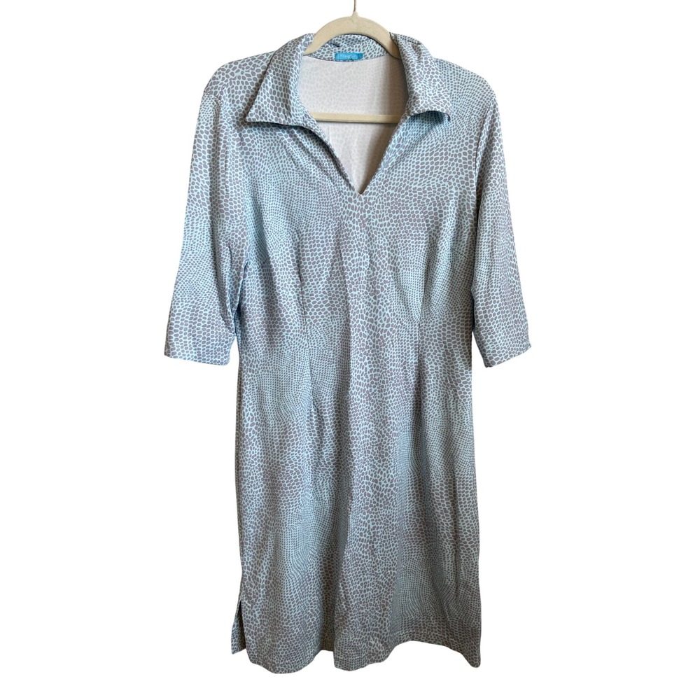 J.McLaughlin Catalina Cloth Dress Blue Mauve Pebble Print V-Neck Size L 0138
